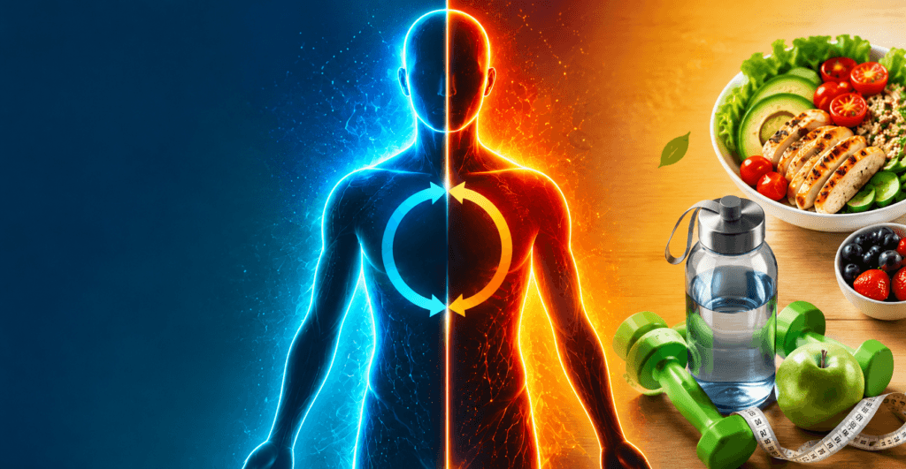 Ilustração do metabolismo humano mostrando um corpo dividido entre energia e saúde, acompanhado de alimentos saudáveis, garrafa de água e halteres, simbolizando a transformação dos nutrientes em energia para o funcionamento do organismo. Esses textos são naturais, descritivos e utilizam palavras-chave relevantes sem exagero, o que é positivo para SEO e para a acessibilidade.