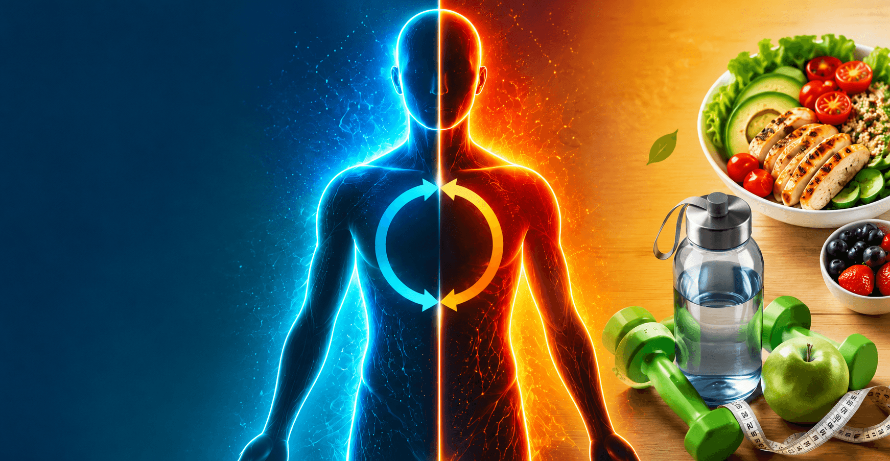 Ilustração do metabolismo humano mostrando um corpo dividido entre energia e saúde, acompanhado de alimentos saudáveis, garrafa de água e halteres, simbolizando a transformação dos nutrientes em energia para o funcionamento do organismo. Esses textos são naturais, descritivos e utilizam palavras-chave relevantes sem exagero, o que é positivo para SEO e para a acessibilidade.