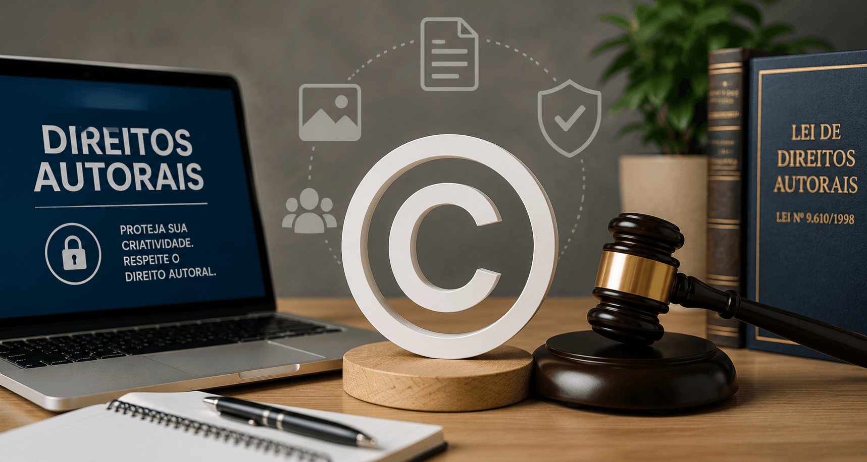 Direitos Autorais da MUNFIT representados por um símbolo de copyright, computador e elementos jurídicos que simbolizam a proteção do conteúdo e da propriedade intelectual.