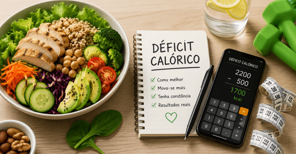 Prato com alimentos saudáveis, calculadora e caderno representando o déficit calórico como estratégia para o emagrecimento saudável.