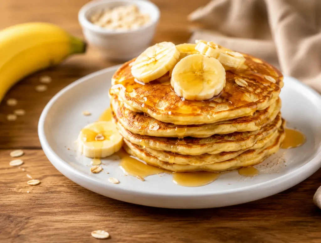 Panqueca de banana saudável servida em um prato com fatias de banana e mel, ideal para café da manhã ou lanche nutritivo.