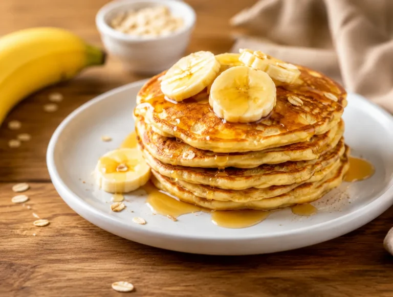 Panqueca de banana saudável servida em um prato com fatias de banana e mel, ideal para café da manhã ou lanche nutritivo.