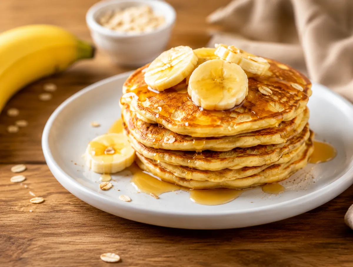 Panqueca de banana saudável servida em um prato com fatias de banana e mel, ideal para café da manhã ou lanche nutritivo.