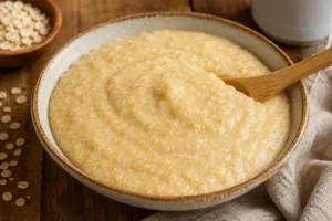 Tigela com angu de aveia cremoso preparado com aveia em flocos, servido em uma mesa de madeira com colher de madeira ao lado.